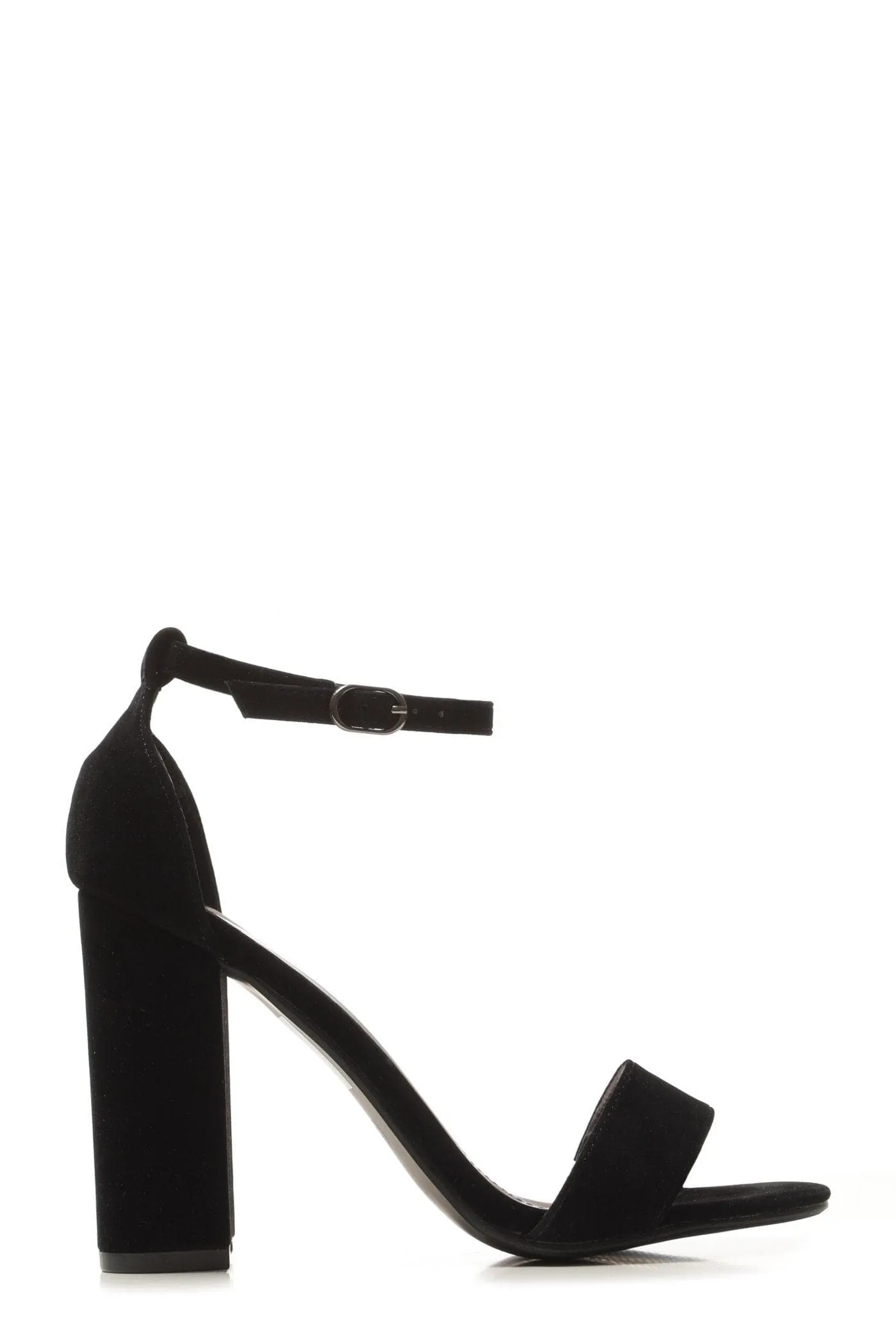 May Barely There Block Heel Ankle Strap Sandal In Black Suede