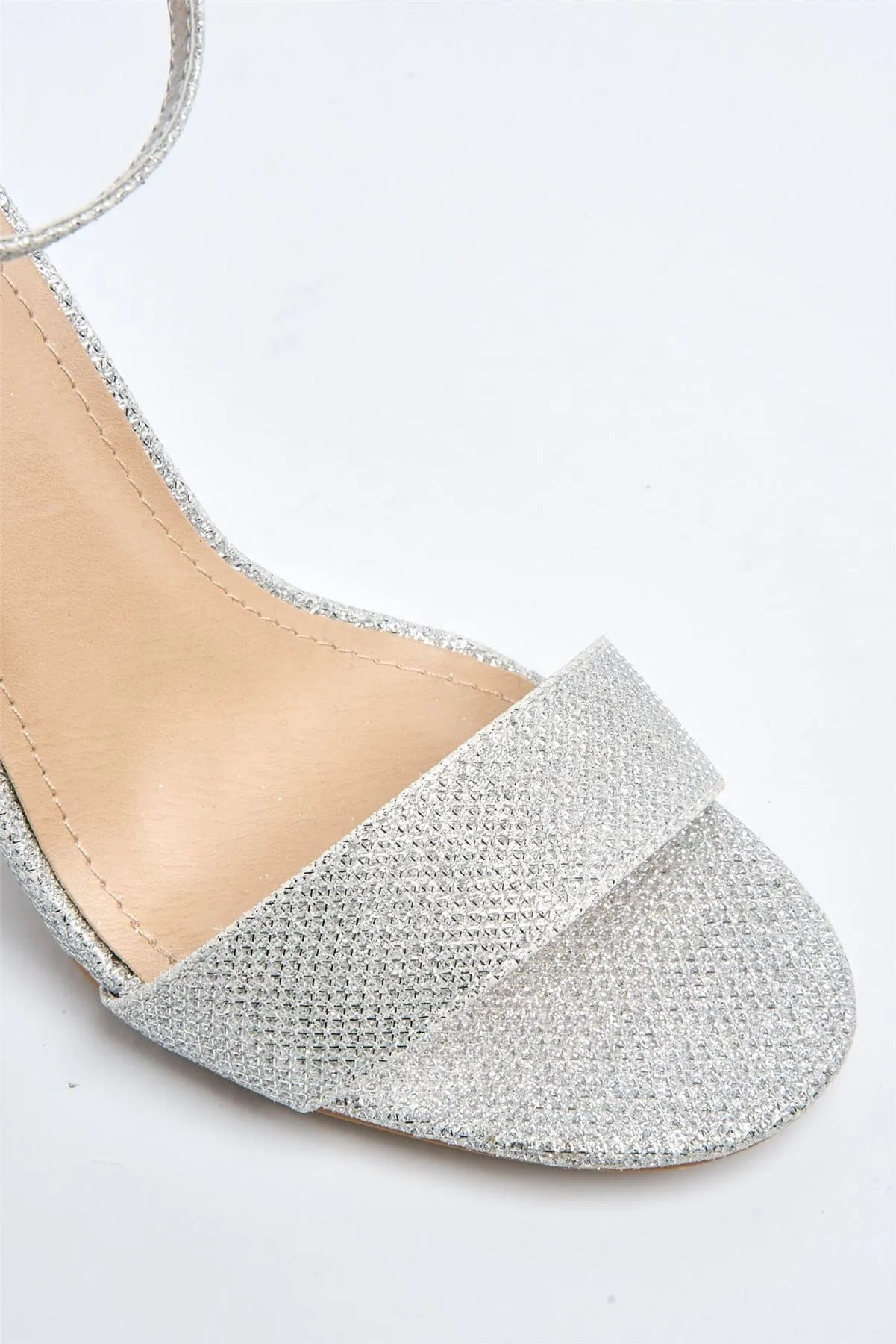 May Barely There Block Heel Ankle Strap Sandal in Silver Mesh
