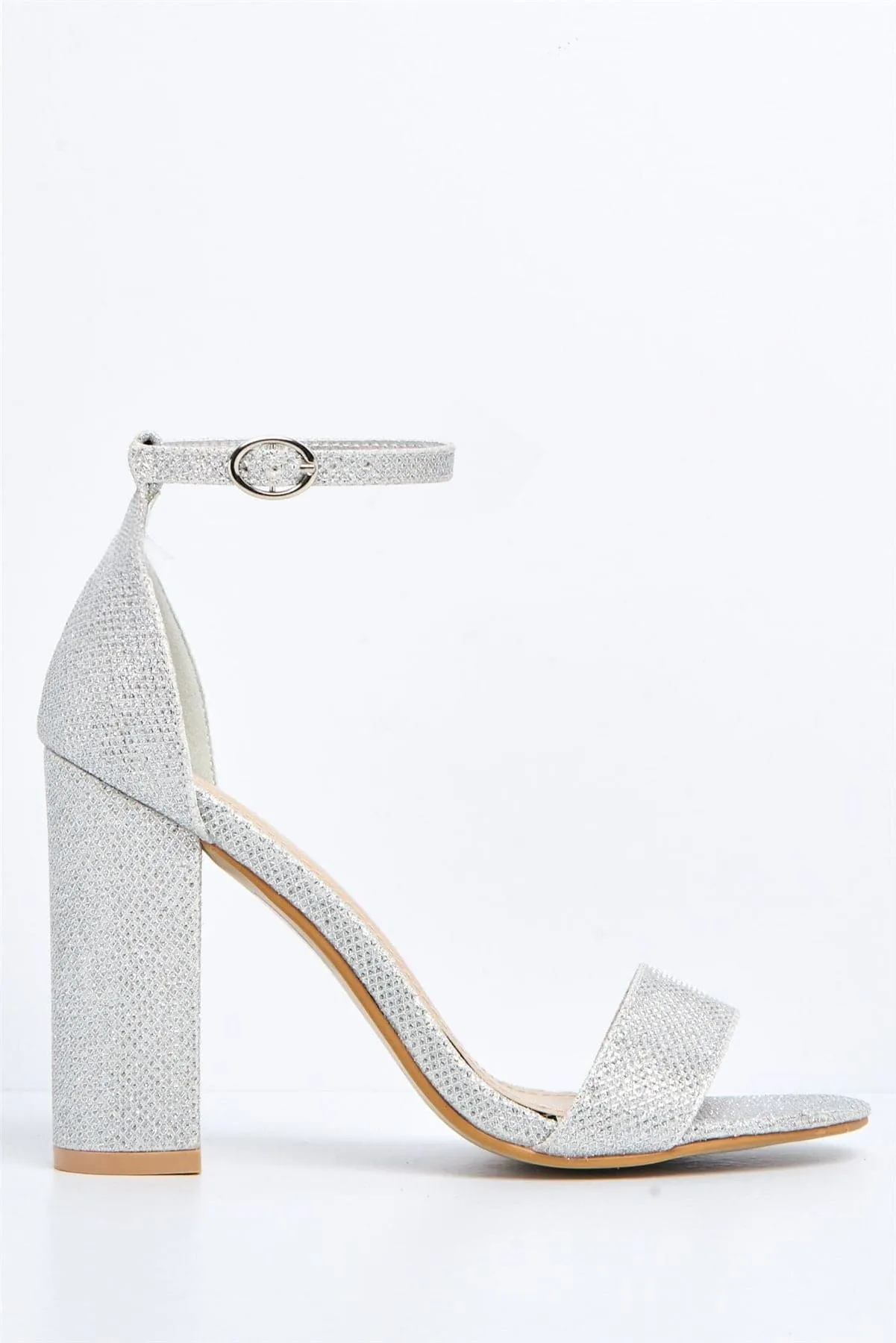 May Barely There Block Heel Ankle Strap Sandal in Silver Mesh