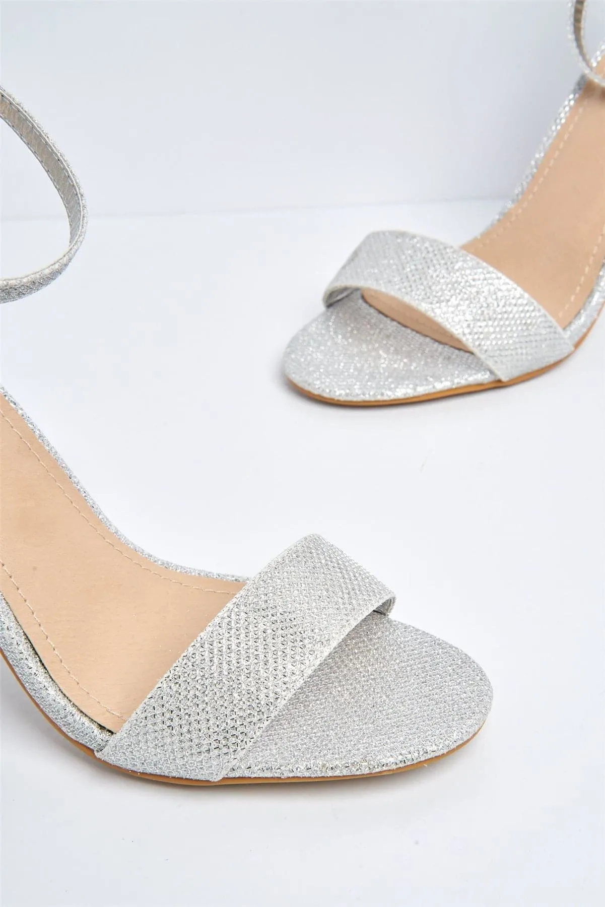May Barely There Block Heel Ankle Strap Sandal in Silver Mesh