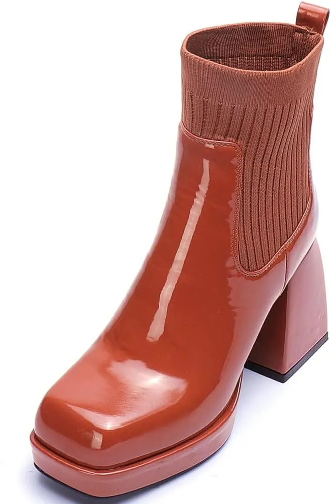 Meefit Women Chelsea Elastic Ankle Boots Patent Leather Platform Chunky Heel Booties
