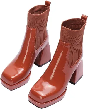 Meefit Women Chelsea Elastic Ankle Boots Patent Leather Platform Chunky Heel Booties