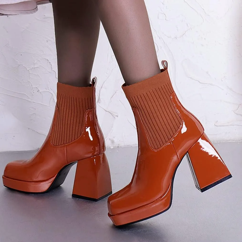 Meefit Women Chelsea Elastic Ankle Boots Patent Leather Platform Chunky Heel Booties