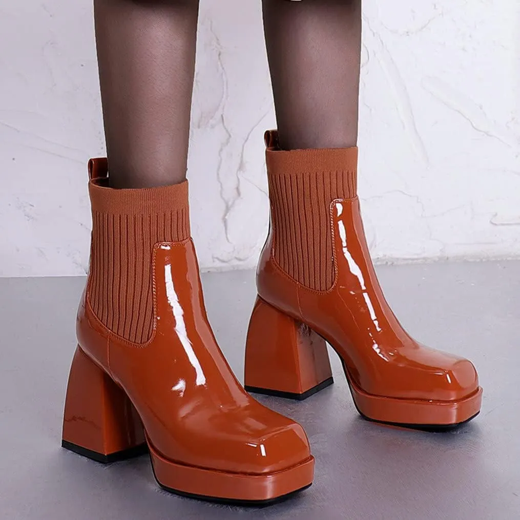Meefit Women Chelsea Elastic Ankle Boots Patent Leather Platform Chunky Heel Booties