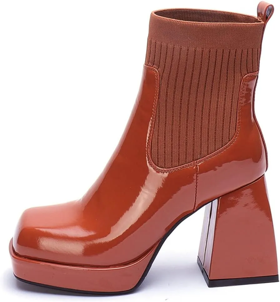 Meefit Women Chelsea Elastic Ankle Boots Patent Leather Platform Chunky Heel Booties