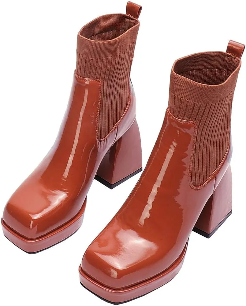 Meefit Women Chelsea Elastic Ankle Boots Patent Leather Platform Chunky Heel Booties