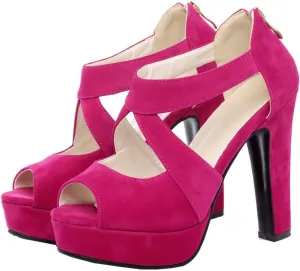 Meefit Women Chunky High Heel Peep Toe Sandals Platform Cross Pumps with Zipper