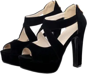Meefit Women Chunky High Heel Peep Toe Sandals Platform Cross Pumps with Zipper