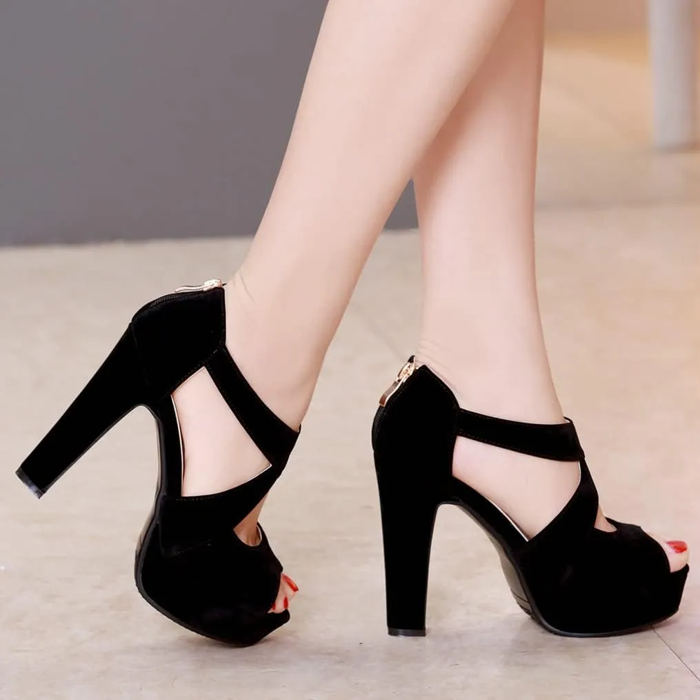Meefit Women Chunky High Heel Peep Toe Sandals Platform Cross Pumps with Zipper