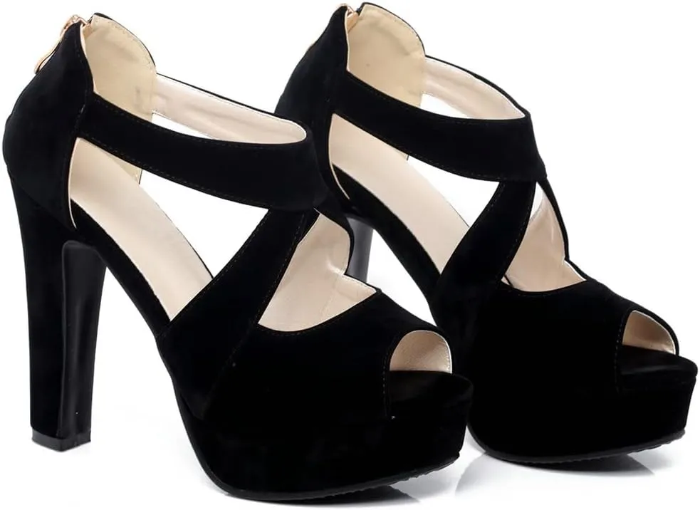 Meefit Women Chunky High Heel Peep Toe Sandals Platform Cross Pumps with Zipper