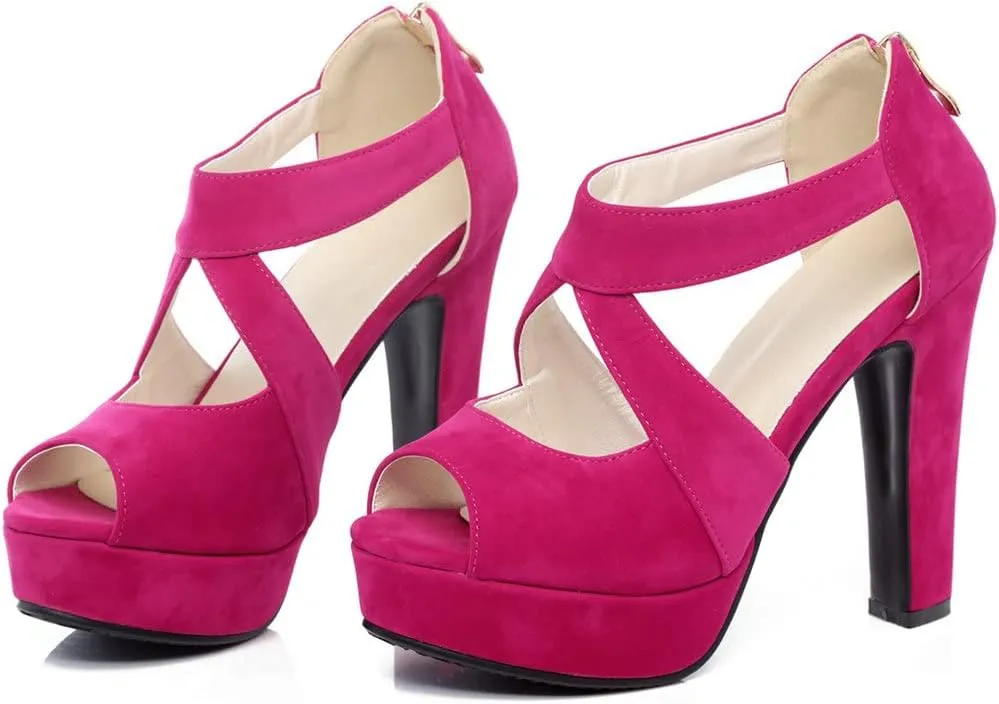 Meefit Women Chunky High Heel Peep Toe Sandals Platform Cross Pumps with Zipper
