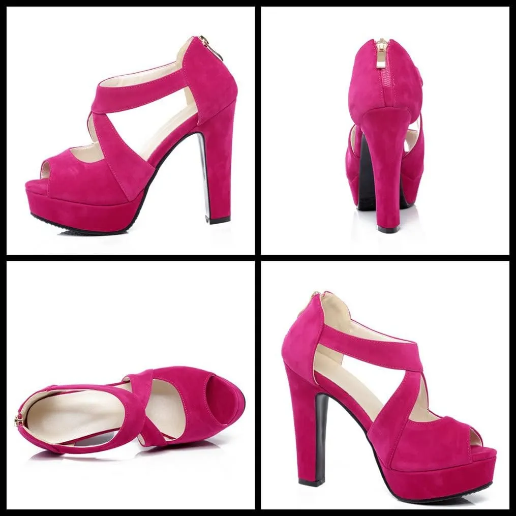 Meefit Women Chunky High Heel Peep Toe Sandals Platform Cross Pumps with Zipper