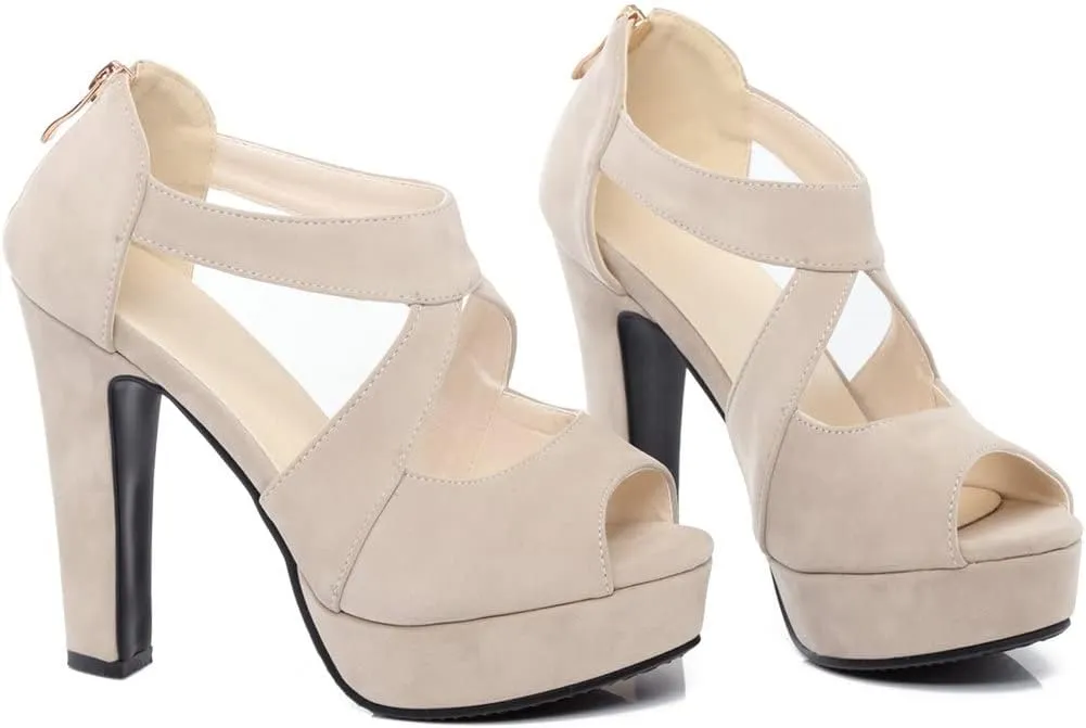 Meefit Women Chunky High Heel Peep Toe Sandals Platform Cross Pumps with Zipper