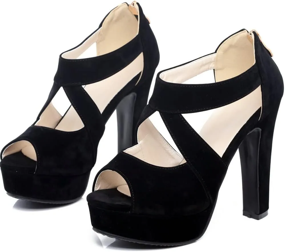 Meefit Women Chunky High Heel Peep Toe Sandals Platform Cross Pumps with Zipper