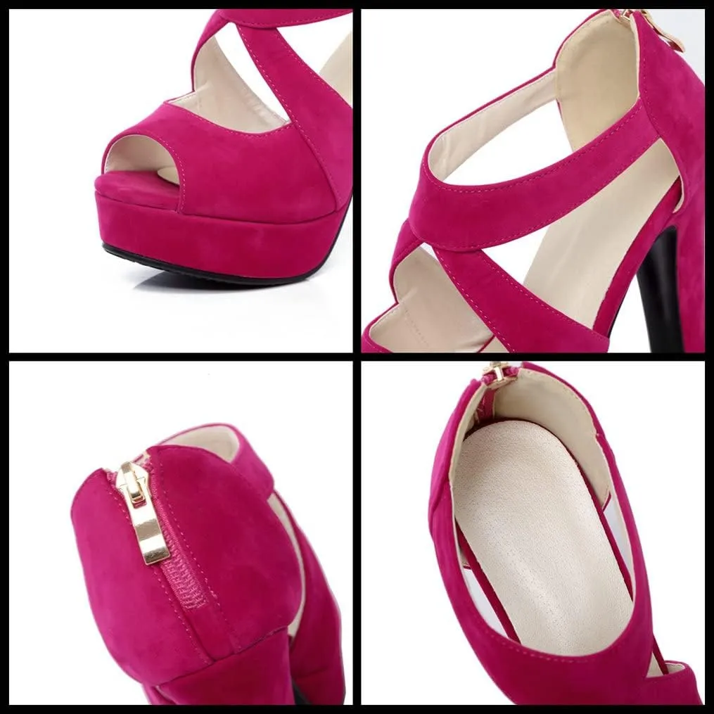 Meefit Women Chunky High Heel Peep Toe Sandals Platform Cross Pumps with Zipper