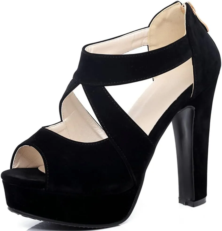 Meefit Women Chunky High Heel Peep Toe Sandals Platform Cross Pumps with Zipper