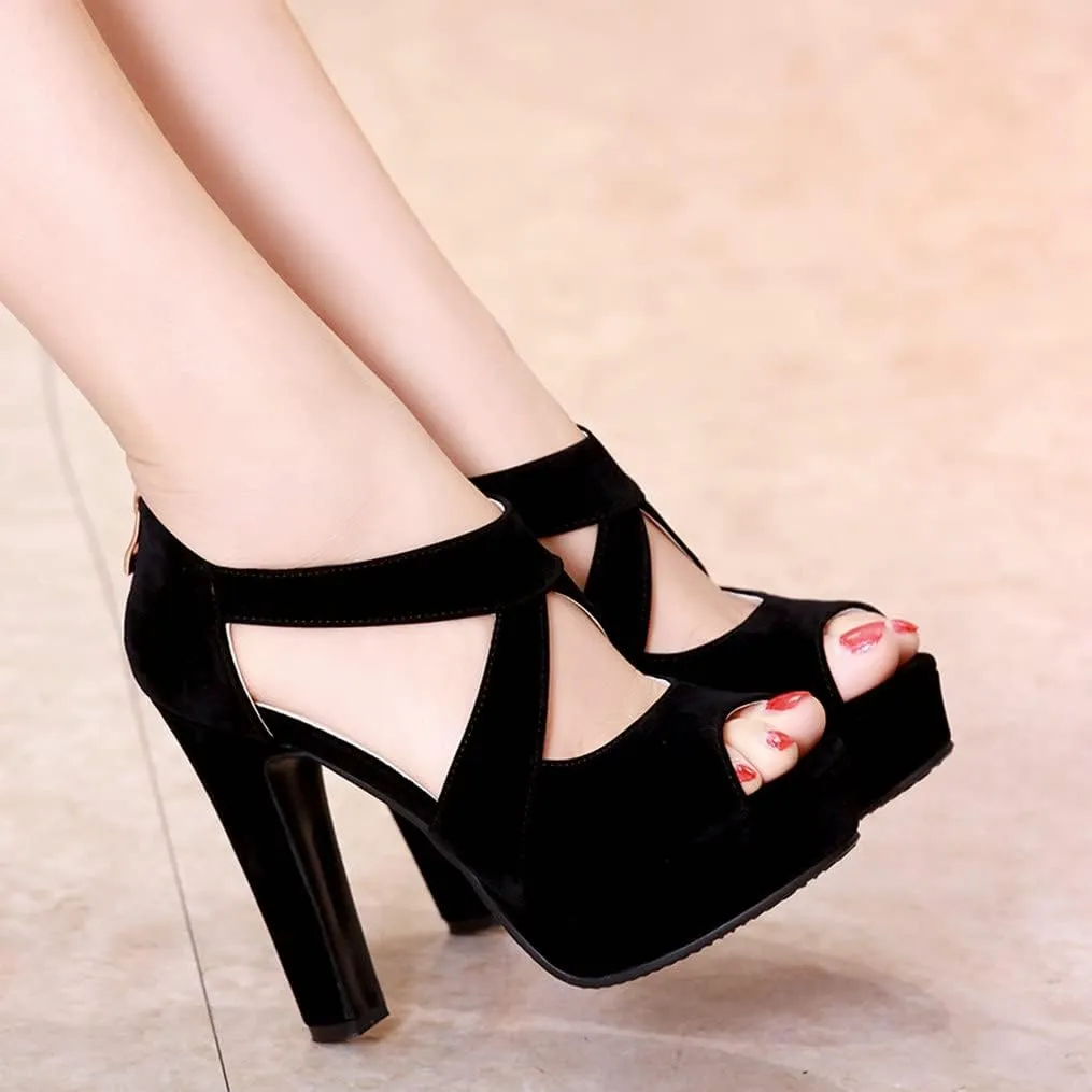 Meefit Women Chunky High Heel Peep Toe Sandals Platform Cross Pumps with Zipper