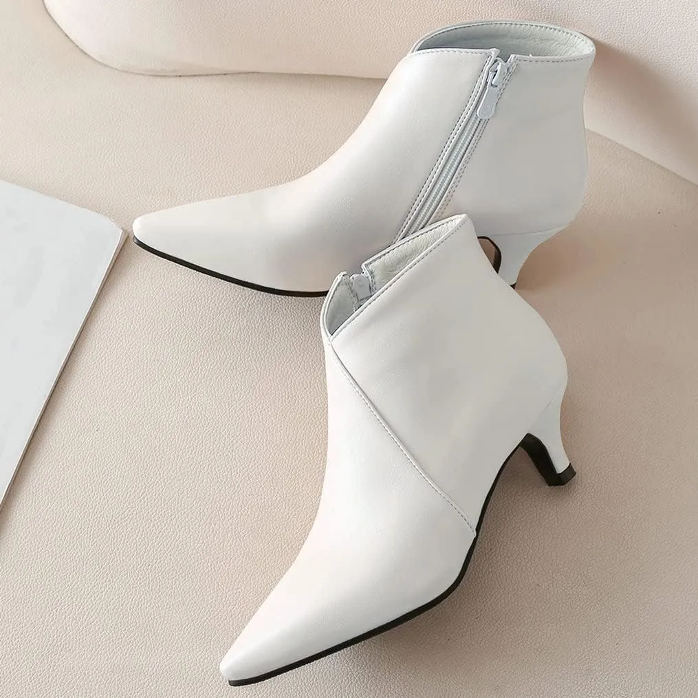 Meefit Women Low Kitten Heel Booties Pointed Toe Side Zip Ankle Boots