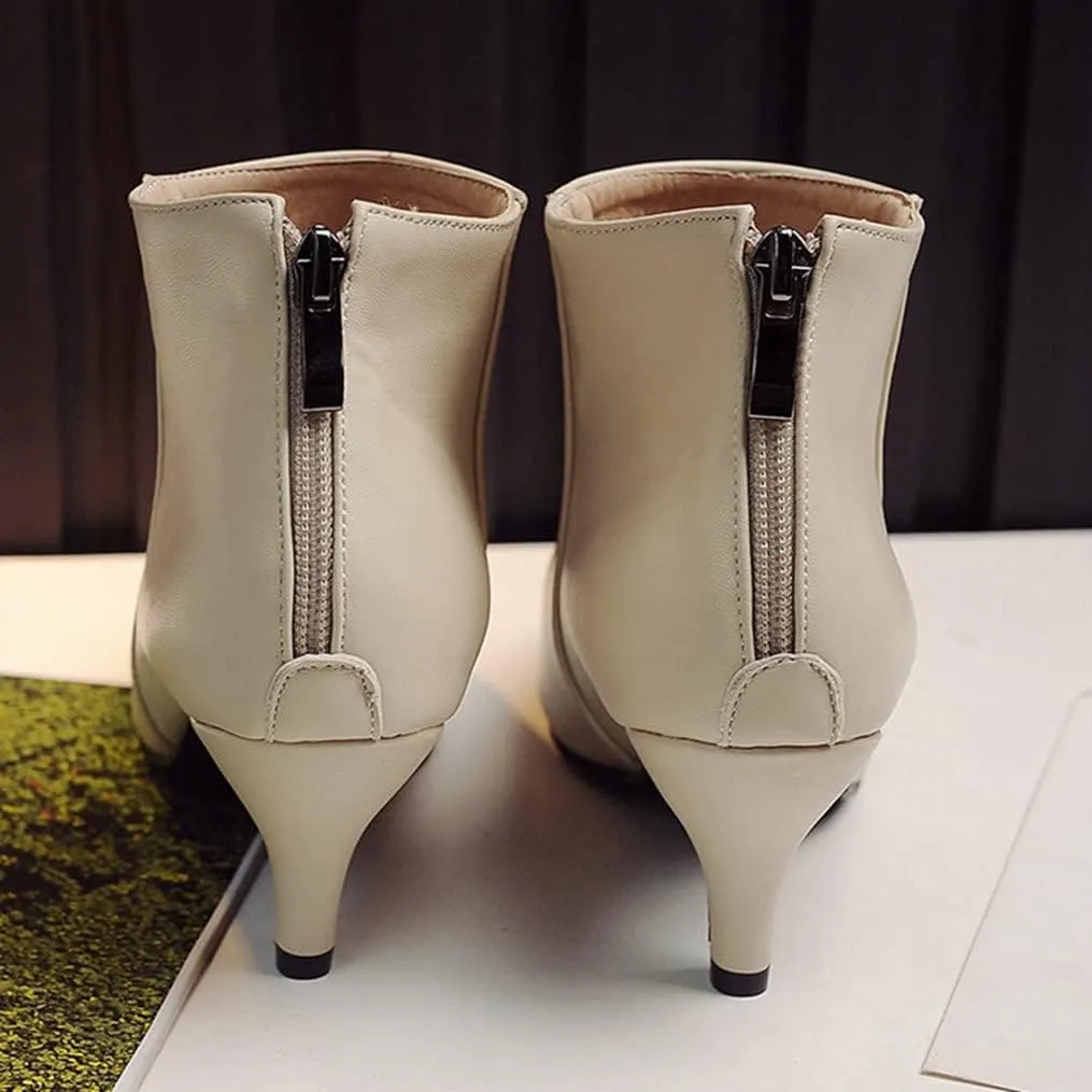 Meefit Women Low Kitten Heel Booties Pointed Toe Side Zip Ankle Boots