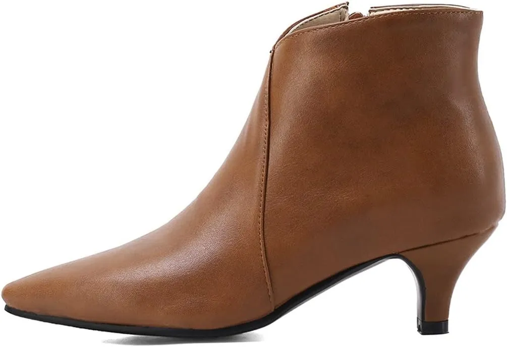 Meefit Women Low Kitten Heel Booties Pointed Toe Side Zip Ankle Boots