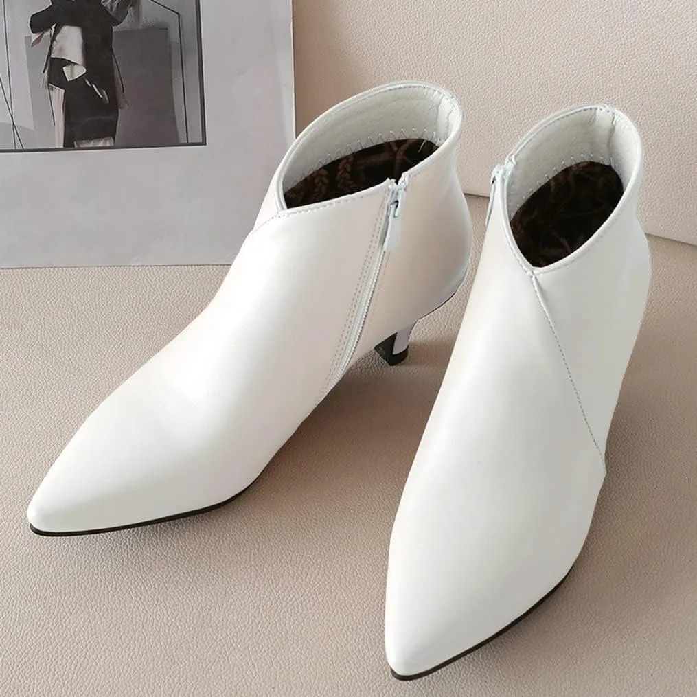 Meefit Women Low Kitten Heel Booties Pointed Toe Side Zip Ankle Boots