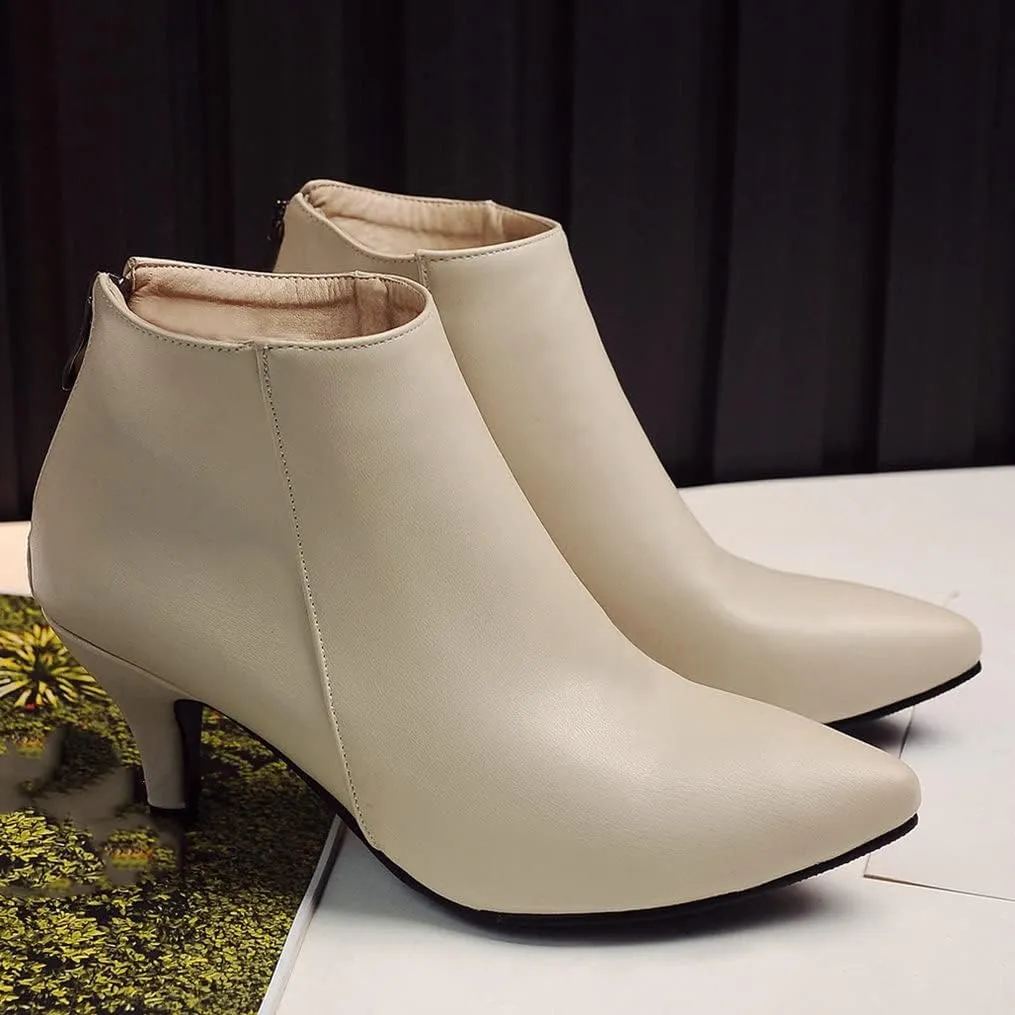 Meefit Women Low Kitten Heel Booties Pointed Toe Side Zip Ankle Boots