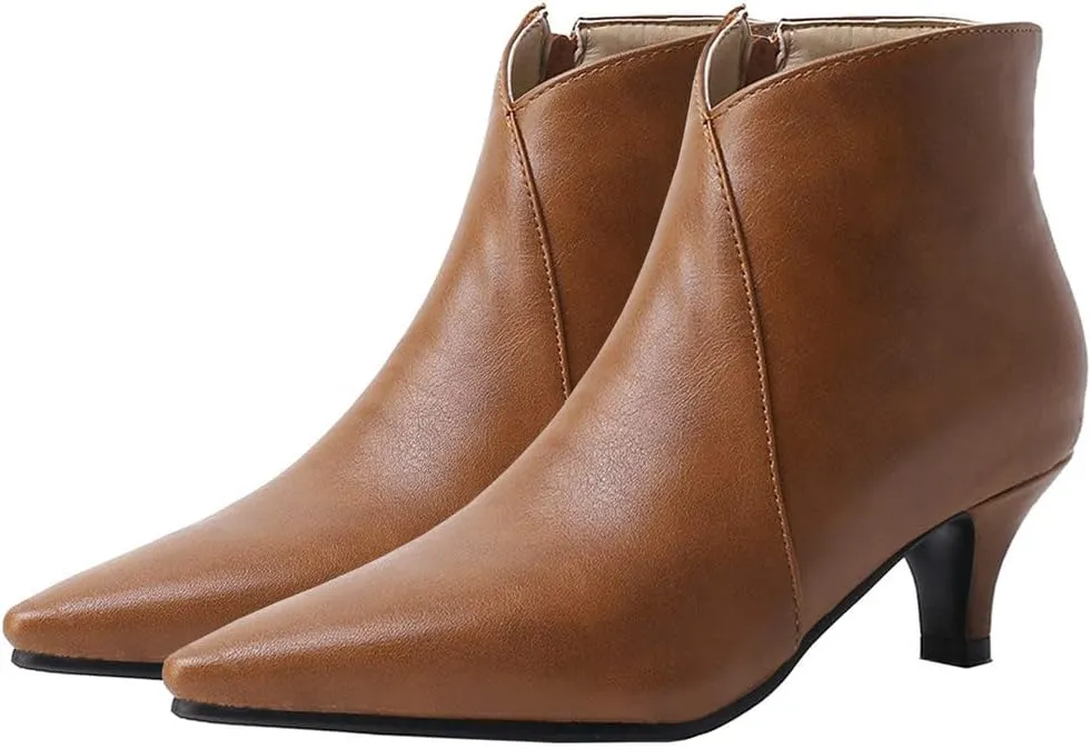 Meefit Women Low Kitten Heel Booties Pointed Toe Side Zip Ankle Boots