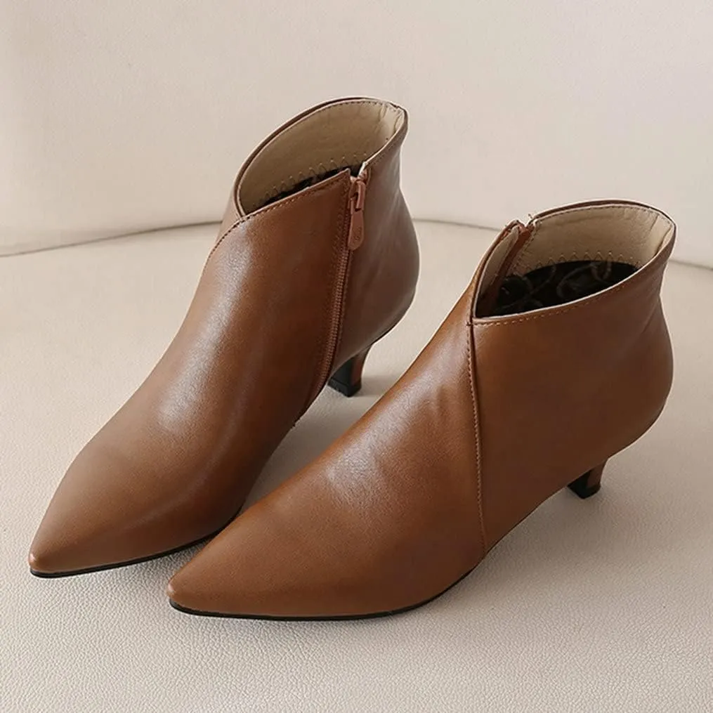 Meefit Women Low Kitten Heel Booties Pointed Toe Side Zip Ankle Boots