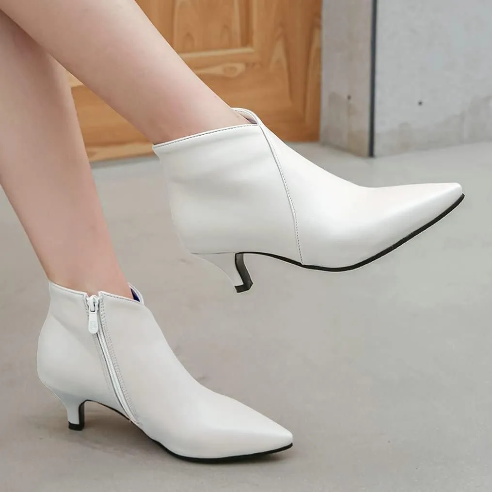 Meefit Women Low Kitten Heel Booties Pointed Toe Side Zip Ankle Boots