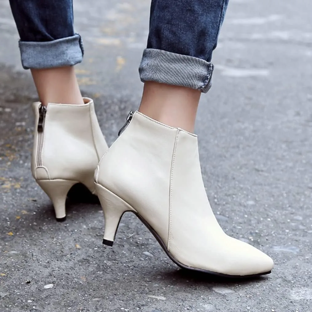 Meefit Women Low Kitten Heel Booties Pointed Toe Side Zip Ankle Boots