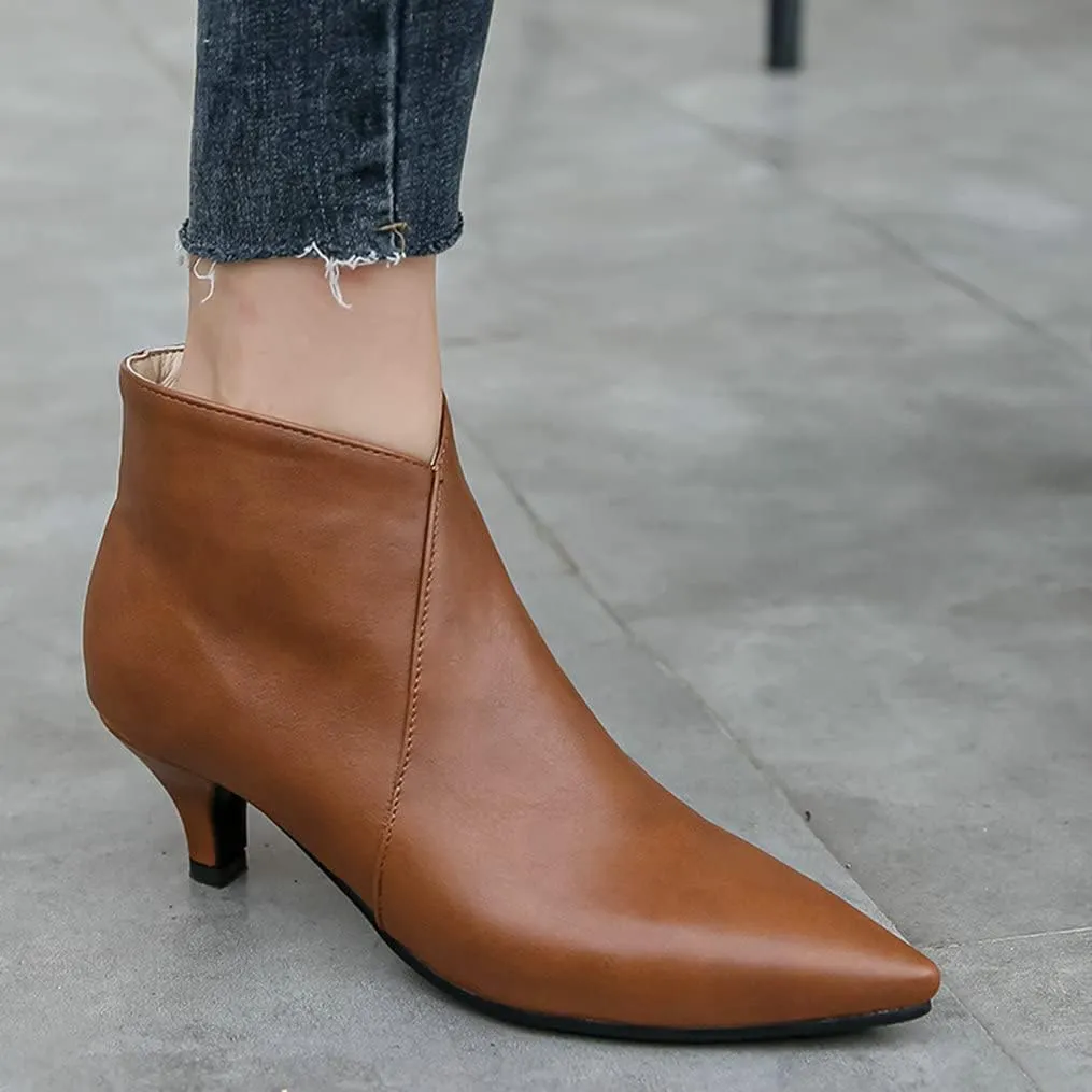 Meefit Women Low Kitten Heel Booties Pointed Toe Side Zip Ankle Boots
