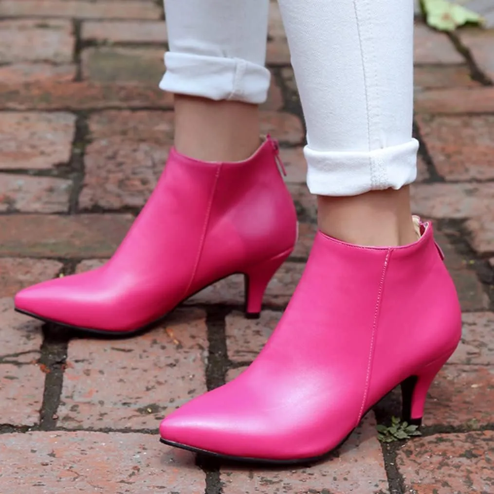 Meefit Women Low Kitten Heel Booties Pointed Toe Side Zip Ankle Boots