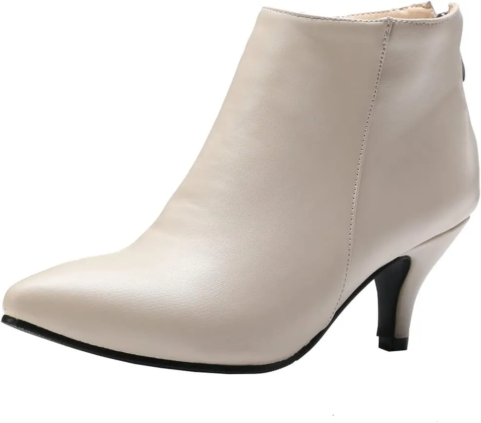 Meefit Women Low Kitten Heel Booties Pointed Toe Side Zip Ankle Boots
