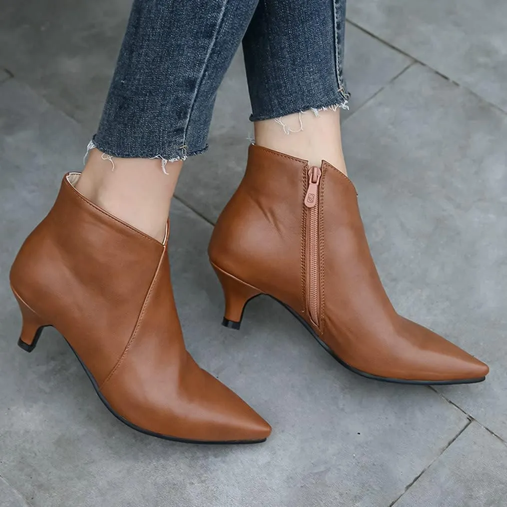 Meefit Women Low Kitten Heel Booties Pointed Toe Side Zip Ankle Boots