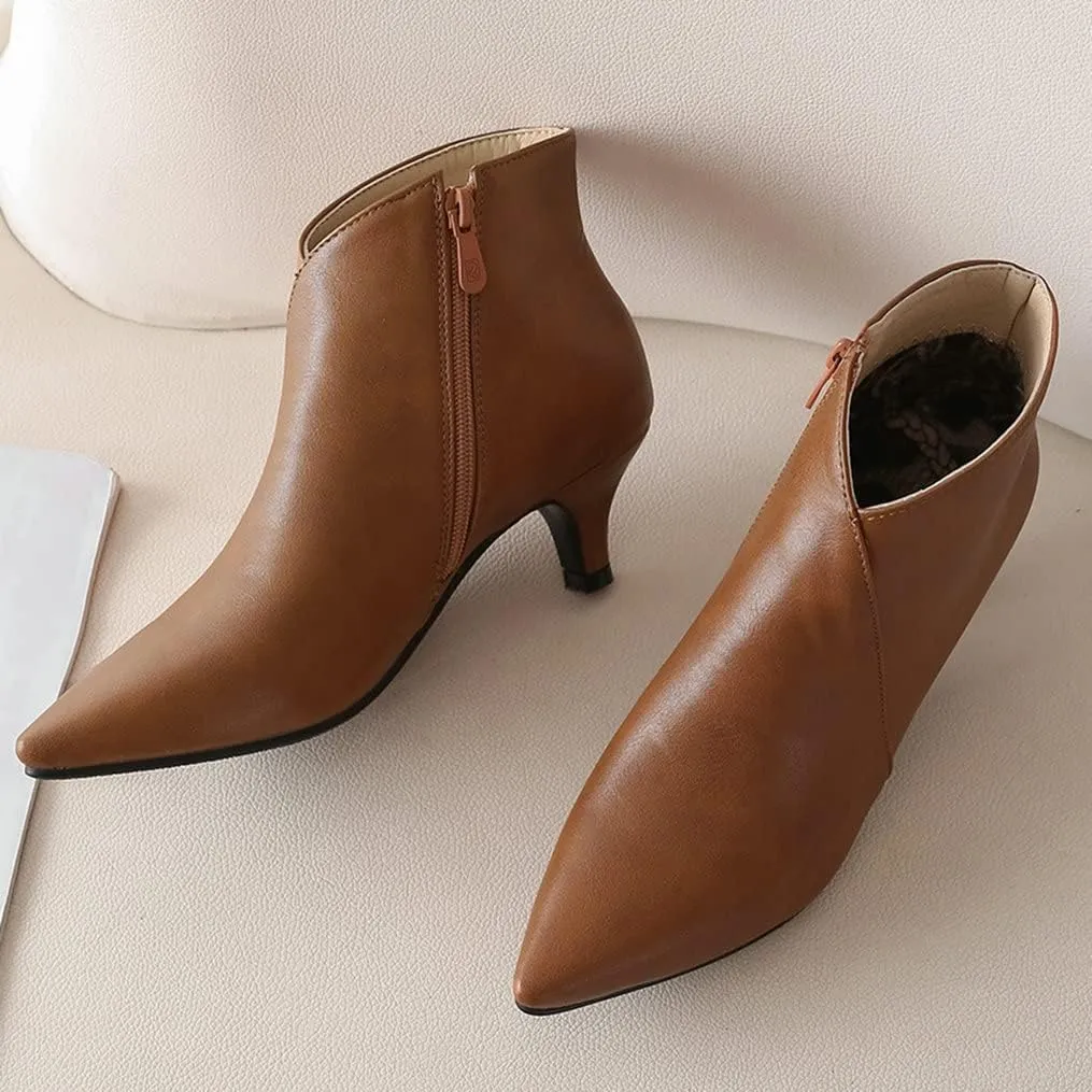 Meefit Women Low Kitten Heel Booties Pointed Toe Side Zip Ankle Boots