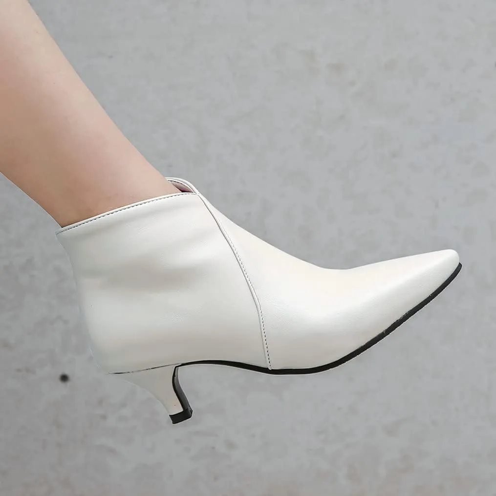 Meefit Women Low Kitten Heel Booties Pointed Toe Side Zip Ankle Boots