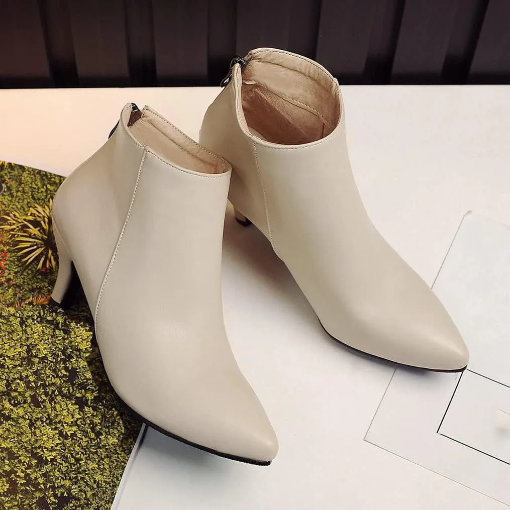 Meefit Women Low Kitten Heel Booties Pointed Toe Side Zip Ankle Boots