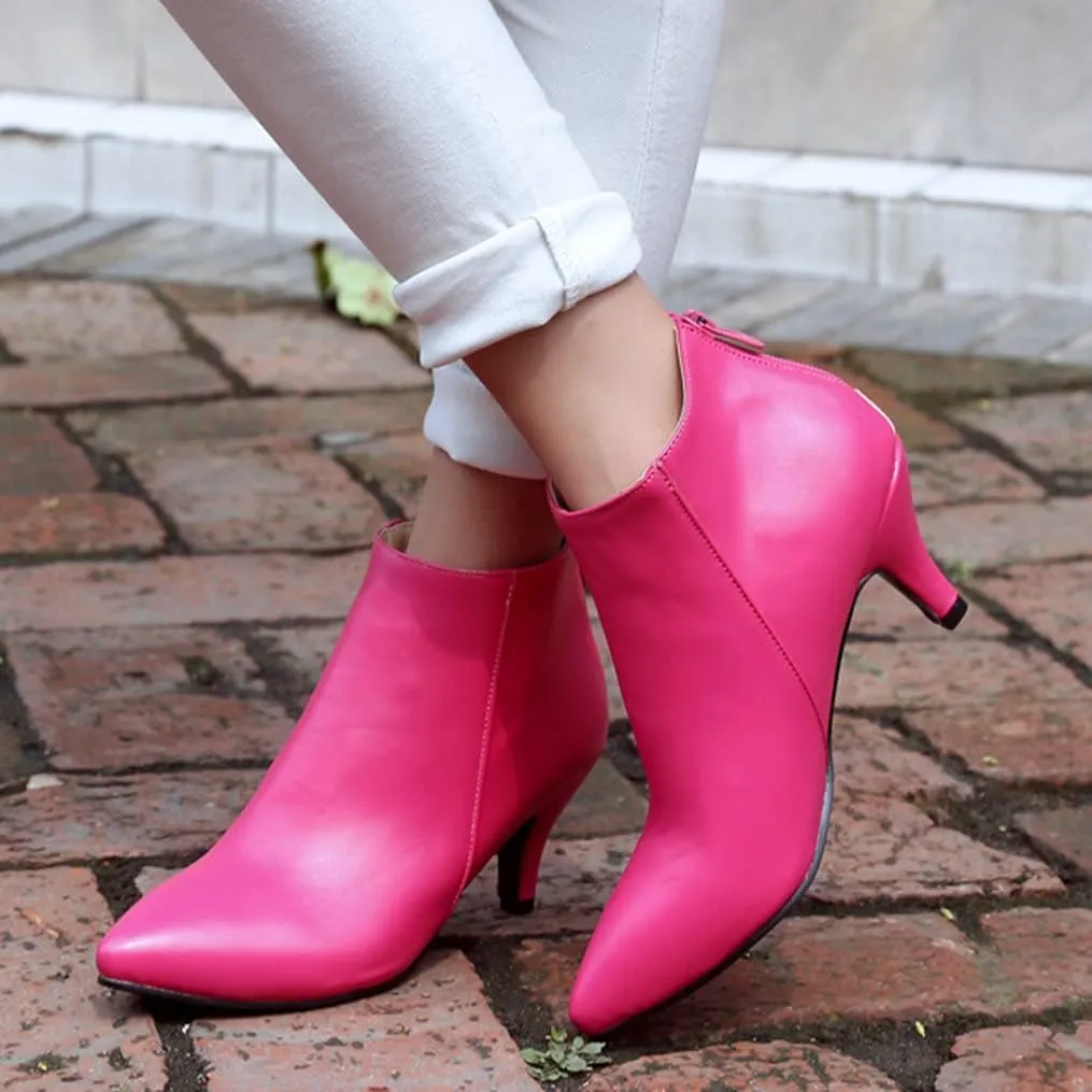 Meefit Women Low Kitten Heel Booties Pointed Toe Side Zip Ankle Boots