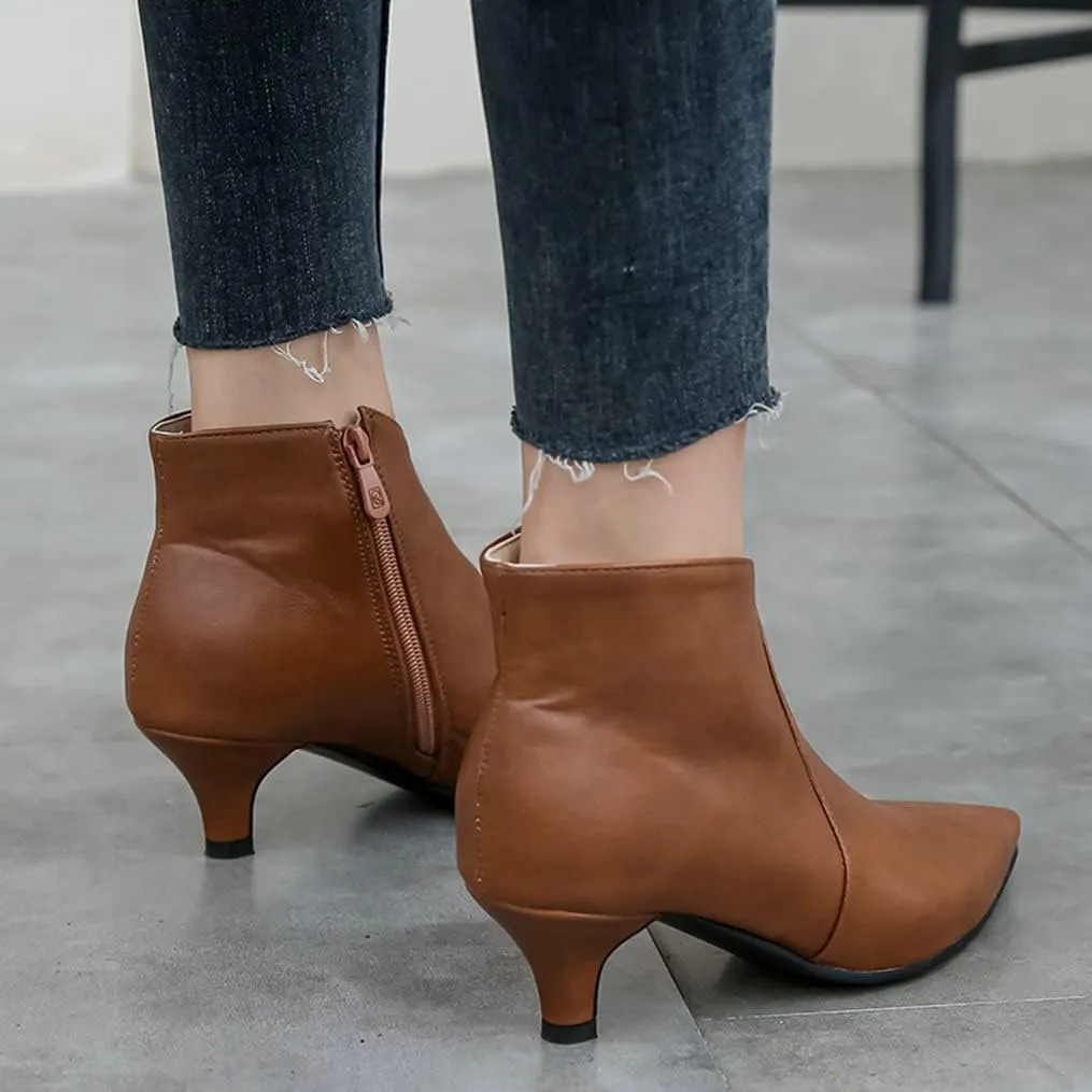 Meefit Women Low Kitten Heel Booties Pointed Toe Side Zip Ankle Boots