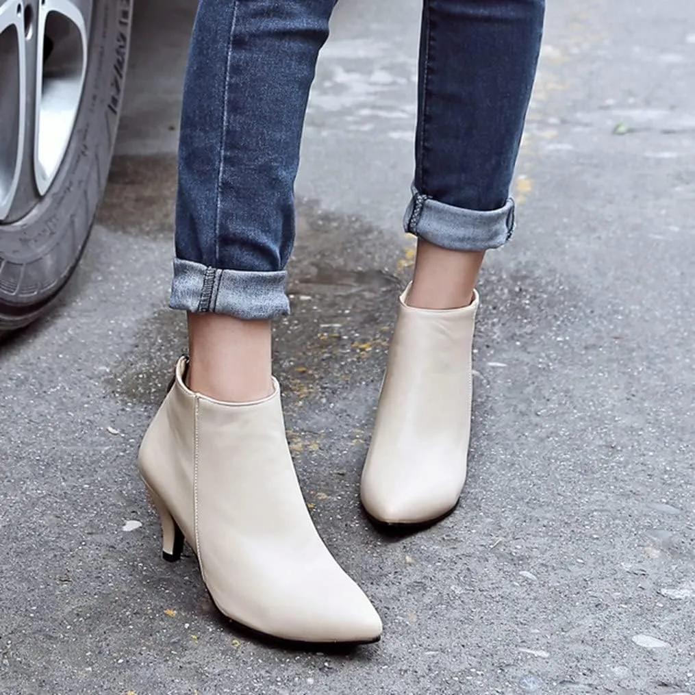 Meefit Women Low Kitten Heel Booties Pointed Toe Side Zip Ankle Boots