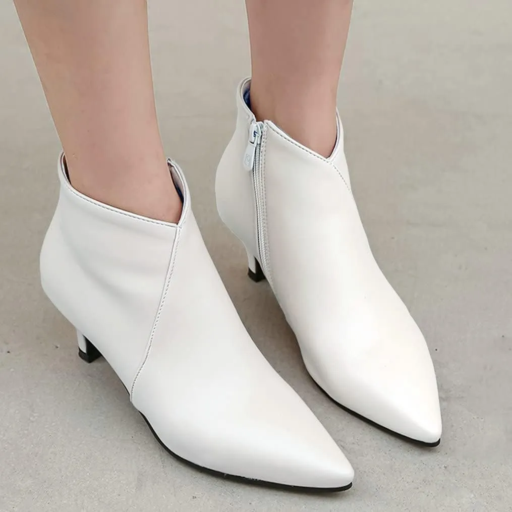 Meefit Women Low Kitten Heel Booties Pointed Toe Side Zip Ankle Boots