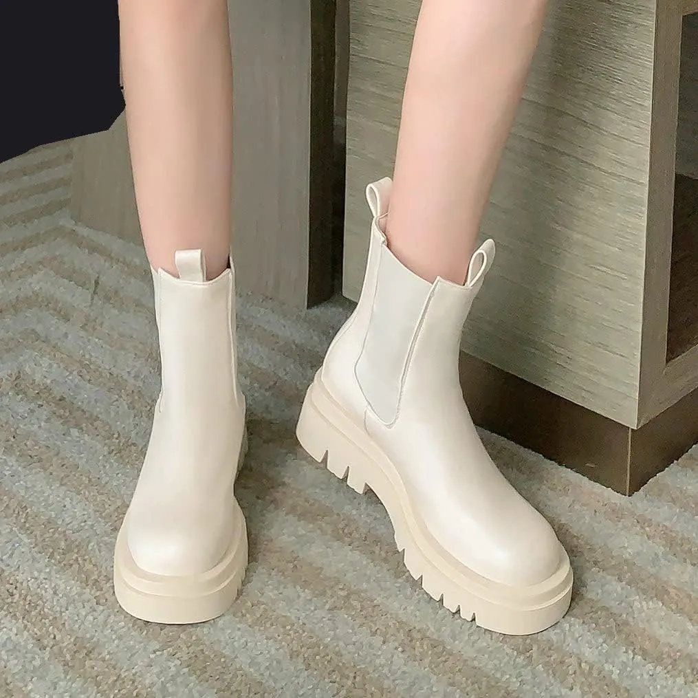 Meefit Women Mid Chunky Heel Chelsea Boots Platform Elastic Ankle Boots Pull On Booties