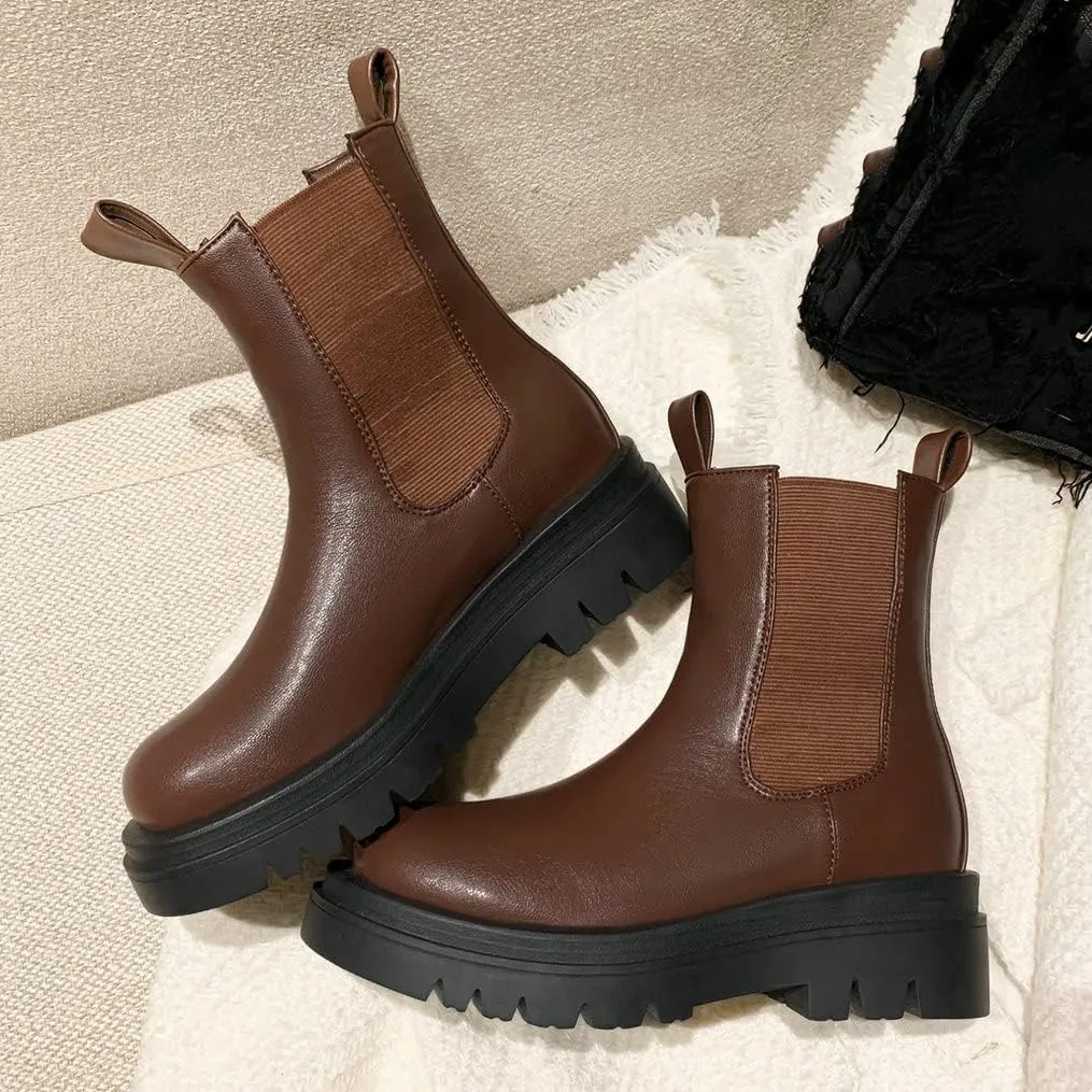 Meefit Women Mid Chunky Heel Chelsea Boots Platform Elastic Ankle Boots Pull On Booties