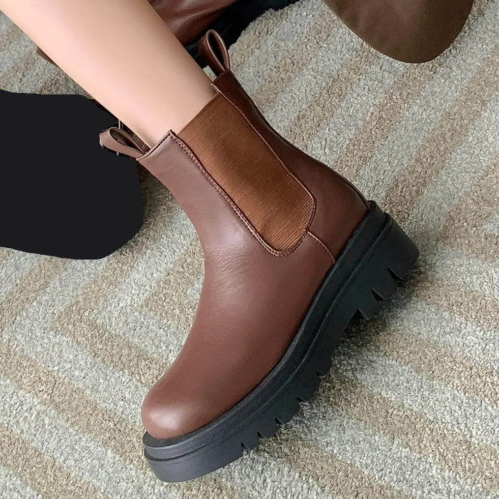 Meefit Women Mid Chunky Heel Chelsea Boots Platform Elastic Ankle Boots Pull On Booties