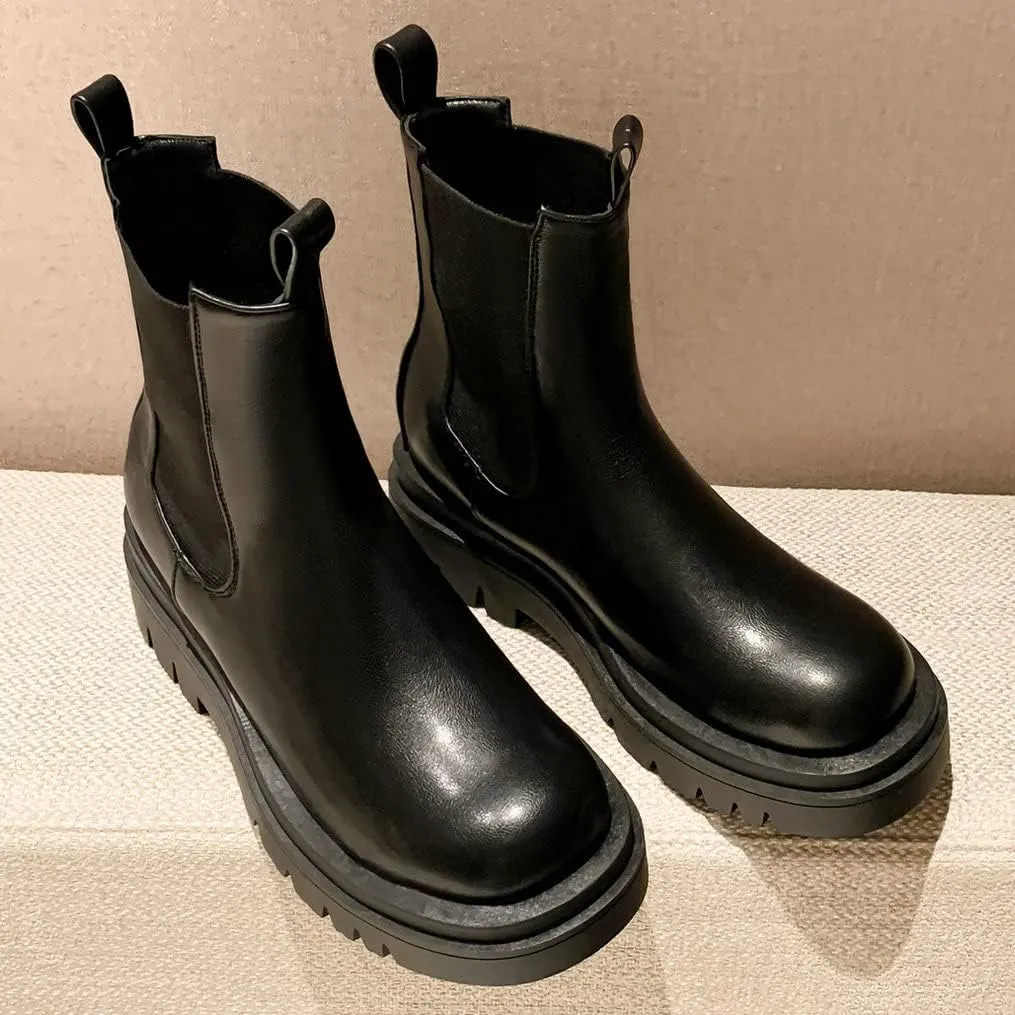 Meefit Women Mid Chunky Heel Chelsea Boots Platform Elastic Ankle Boots Pull On Booties
