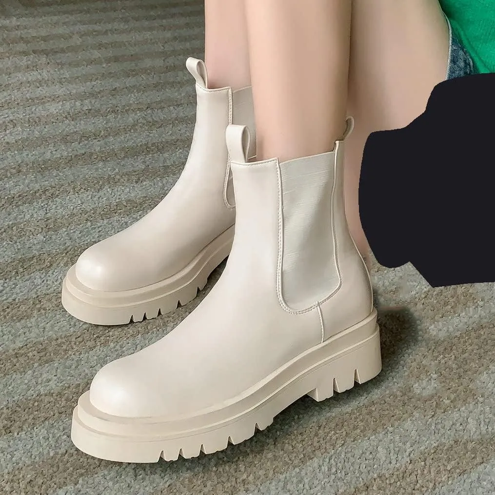 Meefit Women Mid Chunky Heel Chelsea Boots Platform Elastic Ankle Boots Pull On Booties