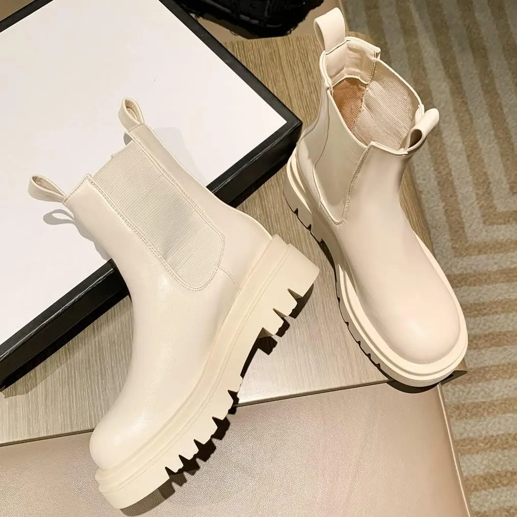 Meefit Women Mid Chunky Heel Chelsea Boots Platform Elastic Ankle Boots Pull On Booties