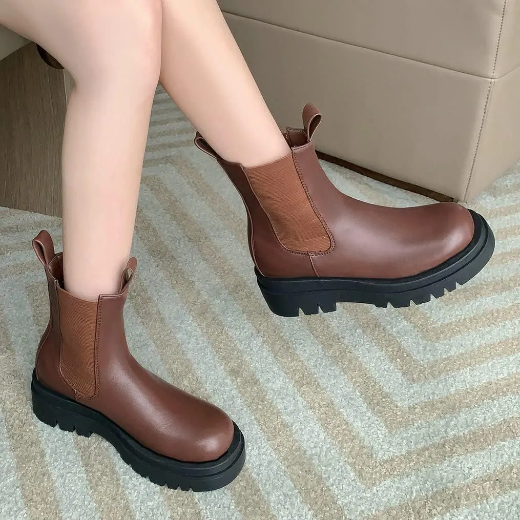 Meefit Women Mid Chunky Heel Chelsea Boots Platform Elastic Ankle Boots Pull On Booties