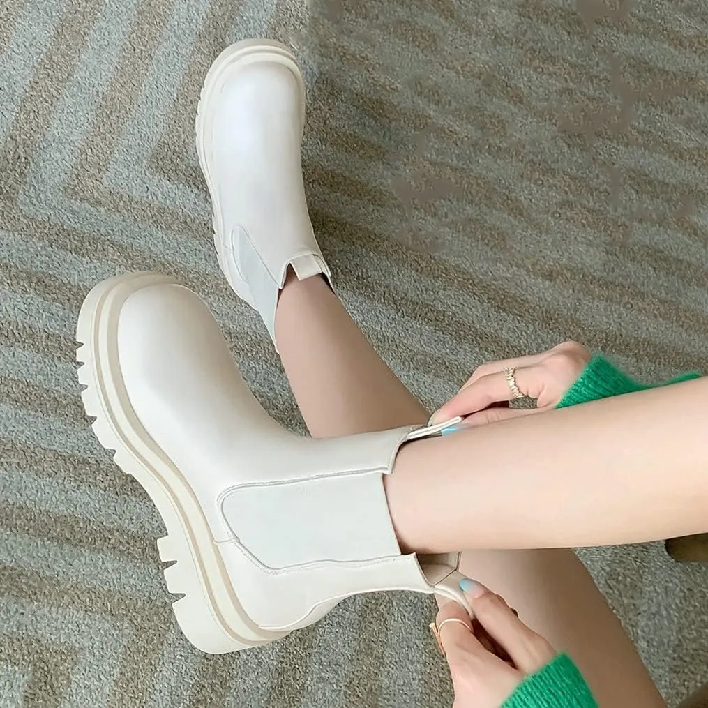 Meefit Women Mid Chunky Heel Chelsea Boots Platform Elastic Ankle Boots Pull On Booties