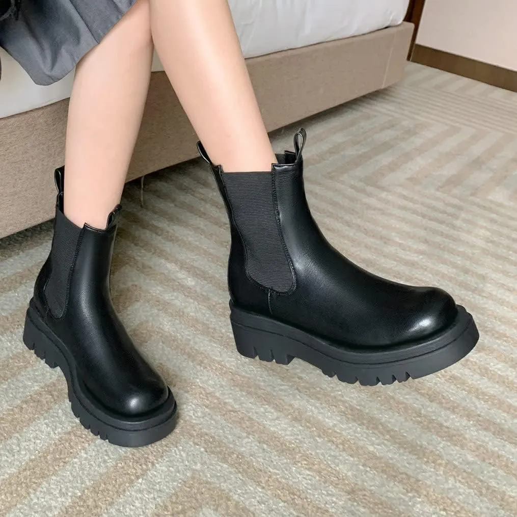 Meefit Women Mid Chunky Heel Chelsea Boots Platform Elastic Ankle Boots Pull On Booties